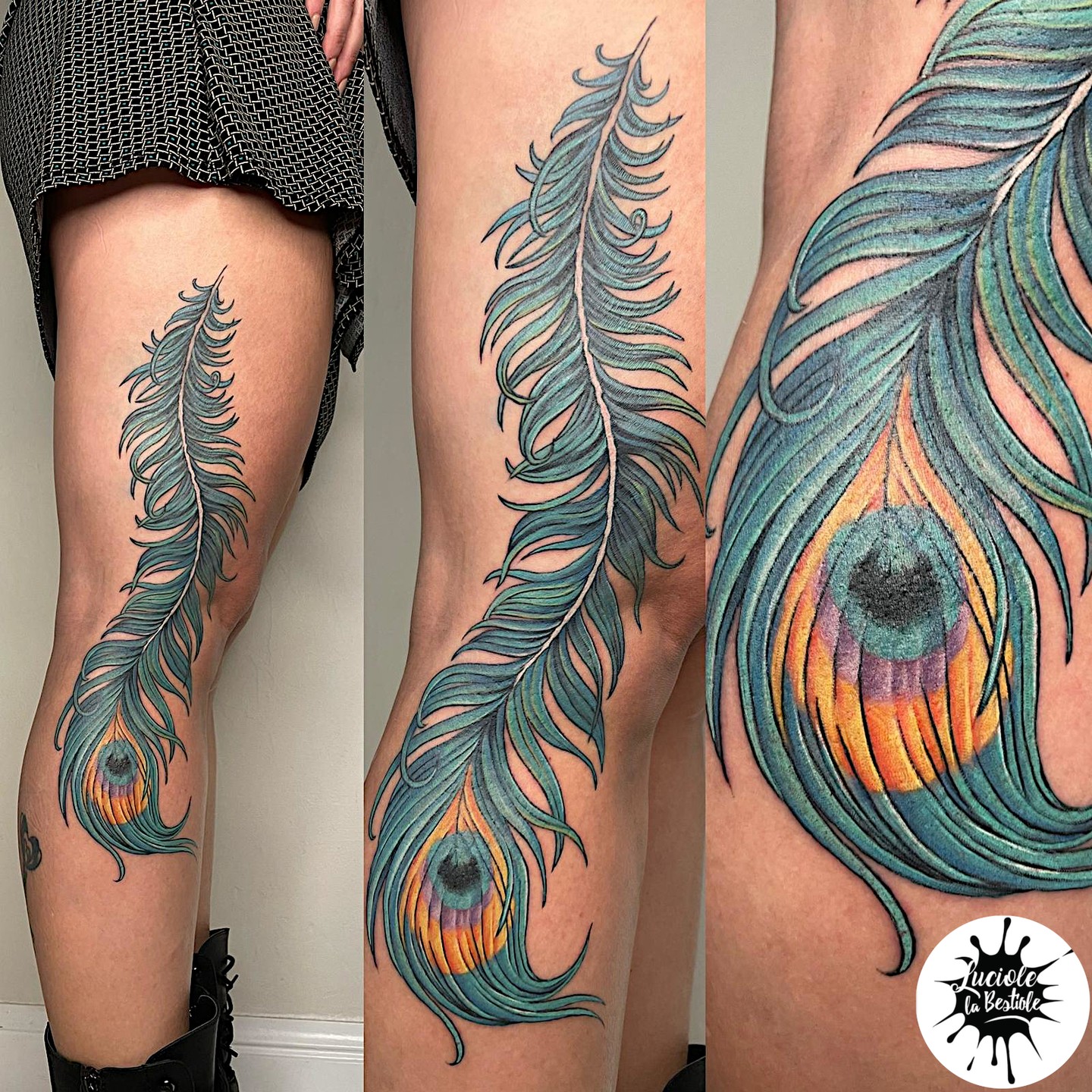 Luciole jambe tattoo plume